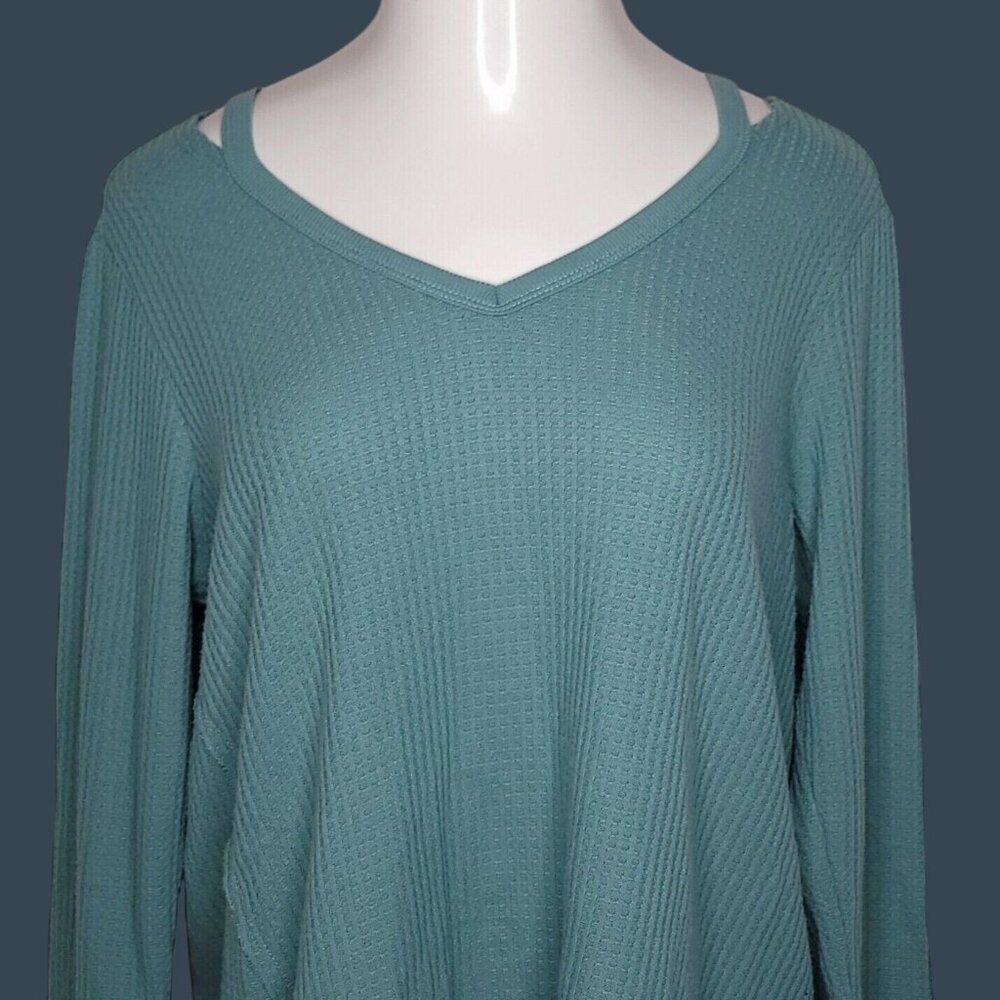Democracy Womens Top L Waffle-Knit V-Neck Long-Sleeve Hi-Lo Pullover